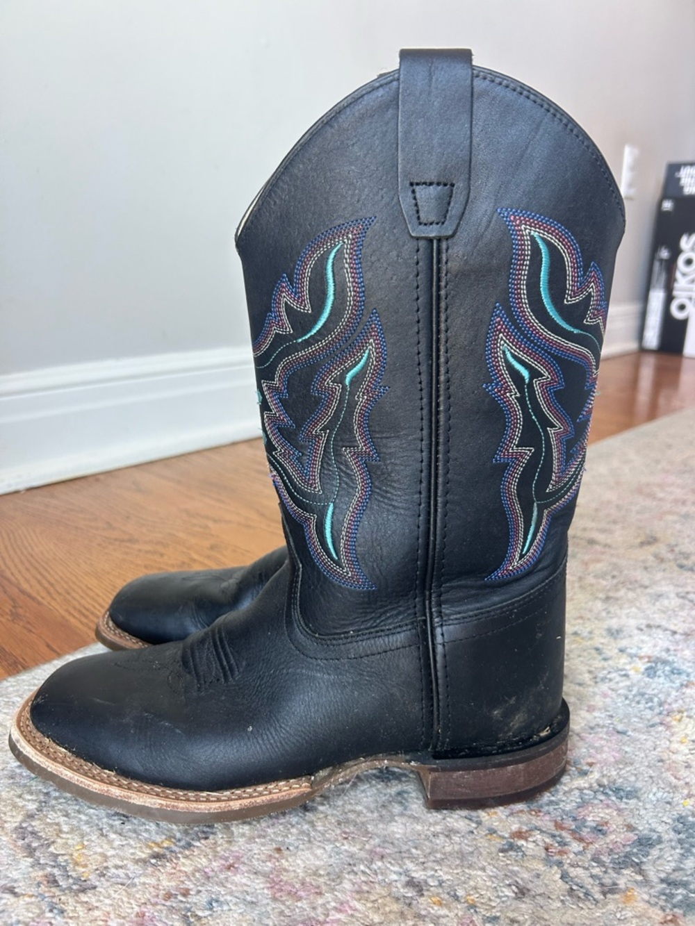 Kids Black Western Boots with Turquoise Stitching